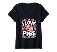 Donna I Love Pigs Carino Farm Animal Fun Maglietta con Collo a V