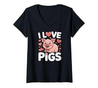 Donna I Love Pigs Carino Piggy Citazione Divertente Maglietta con Collo a V