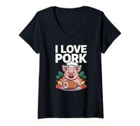 Donna I Love Pork Funny Pig Chef Cibo Carino Maglietta con Collo a V