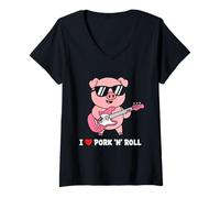 Donna I Love Pork N Roll Cute Pig Chitarrista Maglietta con Collo a V