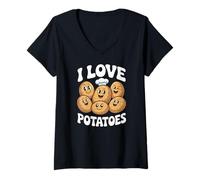 Donna I Love Potatoes Carino Sorridente Potato Faces Maglietta con Collo a V