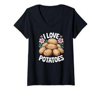Donna I Love Potatoes Citazione di Verdure Divertente Maglietta con Collo a V