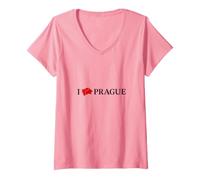 Donna I Love Prague Praga Maglietta con Collo a V