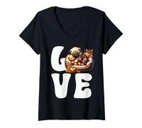 Donna I Love Pugs Graphic for Fall Cute Sleeping Dog for Autumn Maglietta con Collo a V