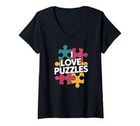 Donna I Love Puzzles Appassionato Logica Divertimento Maglietta con Collo a V