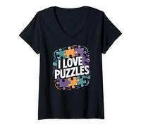 Donna I Love Puzzles Jigsaw Puzzle Amante Maglietta con Collo a V