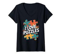 Donna I Love Puzzles Puzzle Vibrante Pezzi Maglietta con Collo a V