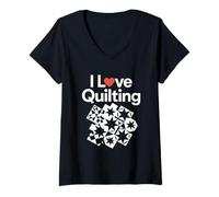 Donna I Love Quilting Cuore Modello Stelle Maglietta con Collo a V