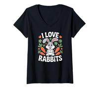 Donna I Love Rabbits Carino Bunny Carota Clover Maglietta con Collo a V
