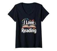 Donna I Love Reading Libro Aperto Biblioteca Magica Bookworm Maglietta con Collo a V