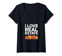 Donna I Love Real Estate Colorful House Icone Maglietta con Collo a V