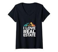 Donna I Love Real Estate Urbano Skyline Design Maglietta con Collo a V