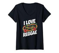 Donna I Love Reggae Vibrant Music Boombox Blooms Maglietta con Collo a V