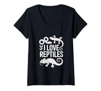Donna I Love Reptiles - Ventaglio con Lucertola, Serpente e Geco Maglietta con Collo a V