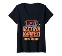 Donna I Love Retro Games e 80s Music Arcade Videogiochi Maglietta con Collo a V