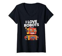 Donna I Love Robots Carino Retro Robot Amanti Maglietta con Collo a V