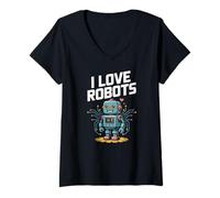 Donna I Love Robots Carino Robot Enthusiast Tech Maglietta con Collo a V