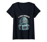 Donna I Love Robots Retro Vintage Robot Amante Maglietta con Collo a V