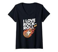 Donna I Love Rock And Roll Flaming Chitarra Maglietta con Collo a V