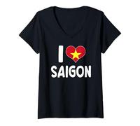 Donna I Love Saigon Vietnam Bandiera Cuore Maglietta con Collo a V
