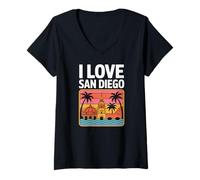 Donna I Love San Diego Tramonto Palme Vibes Maglietta con Collo a V