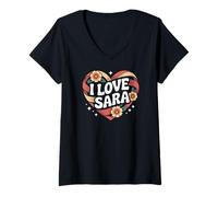 Donna I Love Sara Cuore Floreale Amore Espress Maglietta con Collo a V