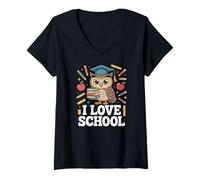 Donna I Love School Adorable Owl con libri Maglietta con Collo a V