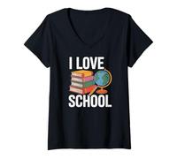 Donna I Love School Books Globe Pencil Student Life Maglietta con Collo a V