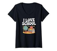 Donna I Love School Globe Apple Books Apprendimento Maglietta con Collo a V