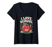 Donna I Love School Happy Apple Educazione Divertimento Maglietta con Collo a V