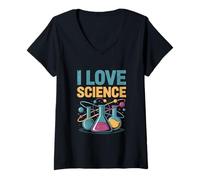 Donna I Love Science Becher Atom Chimica Divertimento Maglietta con Collo a V