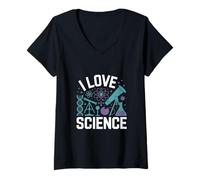 Donna I Love Science Dna Microscopio Atomo Maglietta con Collo a V