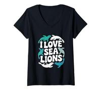 Donna I Love Sea Lions - Animali marini oceanici Maglietta con Collo a V