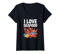 Donna I Love Seafood Carino Granchi Crostacei Divertimento Maglietta con Collo a V