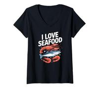 Donna I Love Seafood Divertente Granchio Pesce Arte Maglietta con Collo a V