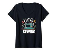 Donna I Love Sewing Machine Vintage Thread Maglietta con Collo a V