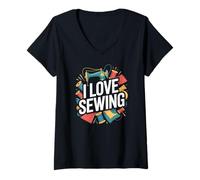Donna I Love Sewing Pattern Thread Maglietta con Collo a V