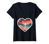 Donna I Love Seychelles Cuore Vintage Tramonto Retro Beach Souvenir Maglietta con Collo a V