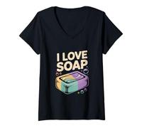 Donna I Love Soap with Rainbow Bubbles Fun Maglietta con Collo a V