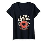 Donna I Love Softball Cuore e Stelle Maglietta con Collo a V