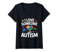Donna I Love Someone with Autism Kids Maglietta con Collo a V