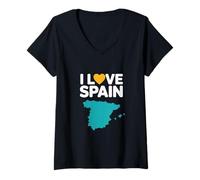 Donna I Love Spain, Mappa a Forma di Cuore Maglietta con Collo a V