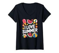 Donna I Love Summer Fun Bright Tema giocoso Maglietta con Collo a V