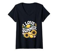 Donna I Love Summer Lemon Girasole Design Maglietta con Collo a V