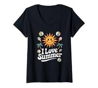 Donna I Love Summer Sun Palme Gelato Maglietta con Collo a V