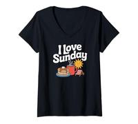 Donna I Love Sunday Pancake caffè Relax Sole Maglietta con Collo a V