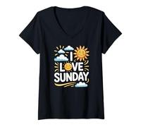 Donna I Love Sunday Sorridente Sole E Nuvole Felice Maglietta con Collo a V