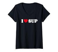 Donna I Love SUP Amo Il Stand Up Paddling Heart Maglietta con Collo a V