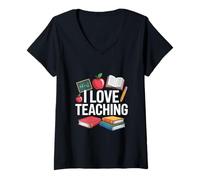 Donna I Love Teaching - Matita Lavagna a Forma di Mela Maglietta con Collo a V