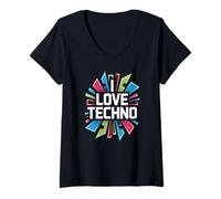 Donna I Love Techno Party Beat Entusiast Design Maglietta con Collo a V